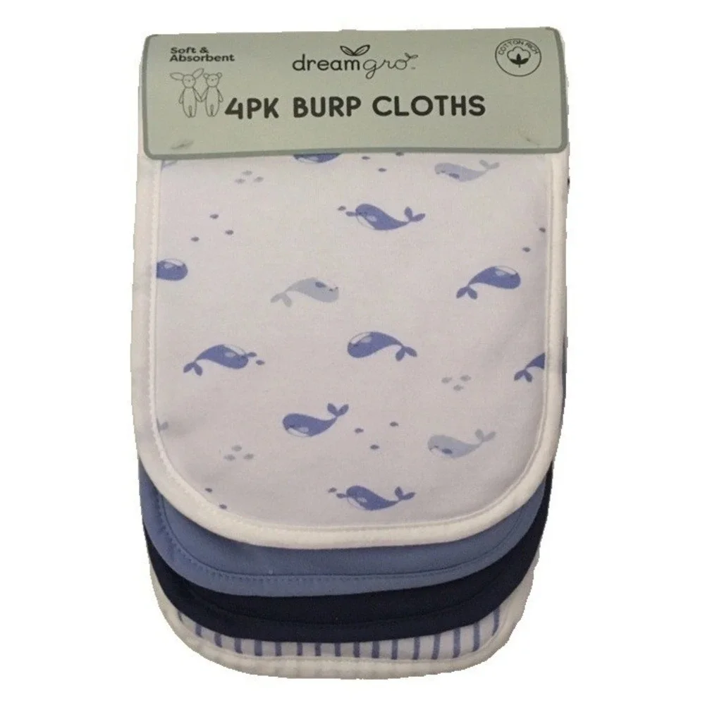 NEW Baby Burp Cloths 4pc Set Soft Absorbent Whales, Stripes, Solid DreamGro